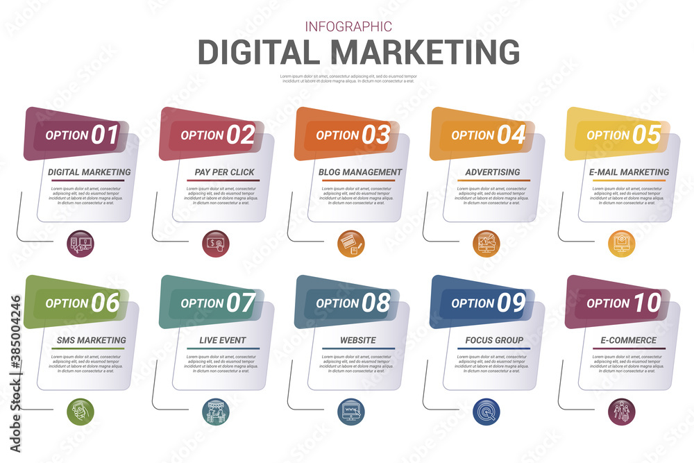 Infographic Digital Marketing template. Icons in different colors. Include Digital Marketing, Pay Per Click, Blog Management, Advertising and others.