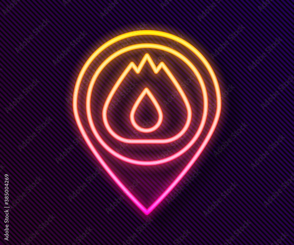 Glowing neon line Map pointer with fire flame icon isolated on black background. Fire nearby. Vector. Glowing neon line Map pointer with fire flame icon isolated on black background. Fire nearby. Vector.