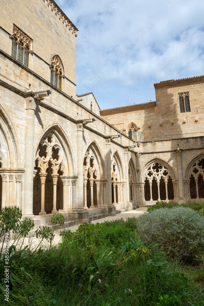 Vertical view of the Cistercian Monastery from the garden of the cloister of Poblet, Tarragona, Spain, September 24, 2020