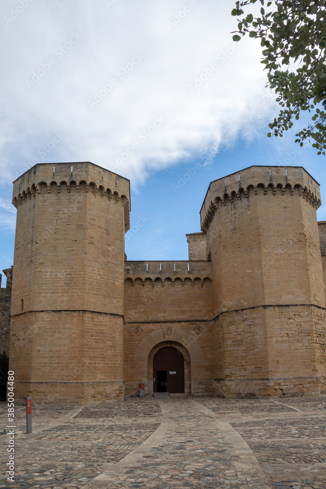 Vertical view of the entrance towers to the Poblet Monastery, Tarragona, Spain, September 24, 2020