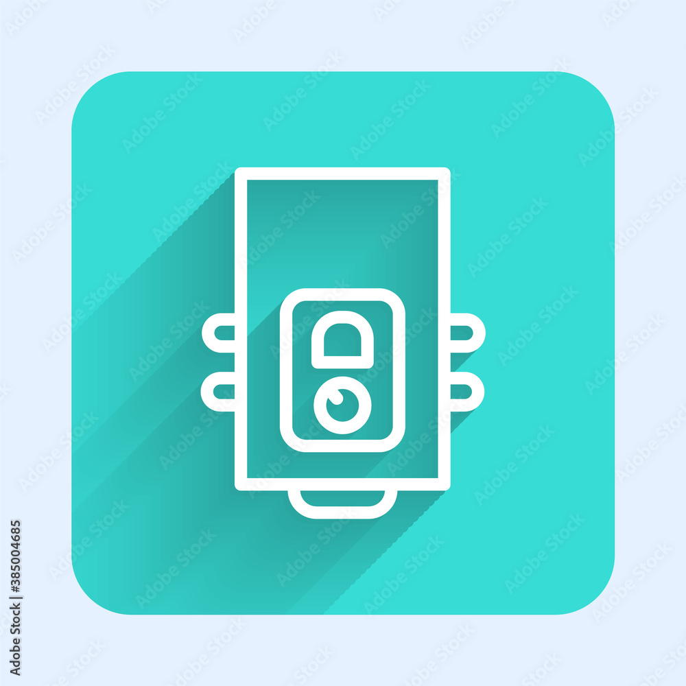 White line Gas boiler with a burning fire icon isolated with long shadow. Green square button. Vector. White line Gas boiler with a burning fire icon isolated with long shadow. Green square button. Vector.