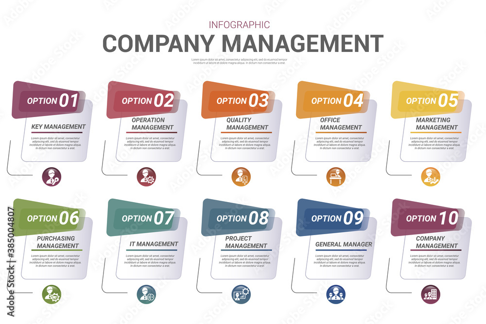 Infographic Company Management template. Icons in different colors. Include Key Management, Operation Management, Quality Management, Office Management and others.