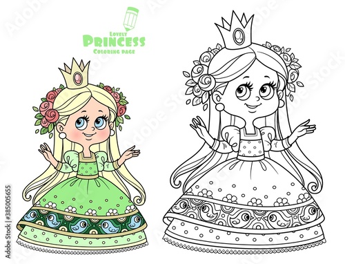 Cute princess in green dress with roses wreath outlined and color for coloring book