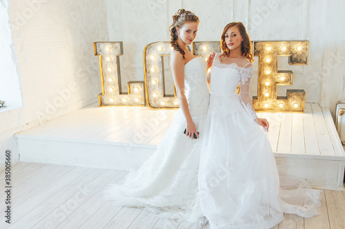 Wedding day and beautiful bride in studio. Beautiful young bride with wedding makeup and hairstyle. Portrait of young gorgeous bride. Wedding.