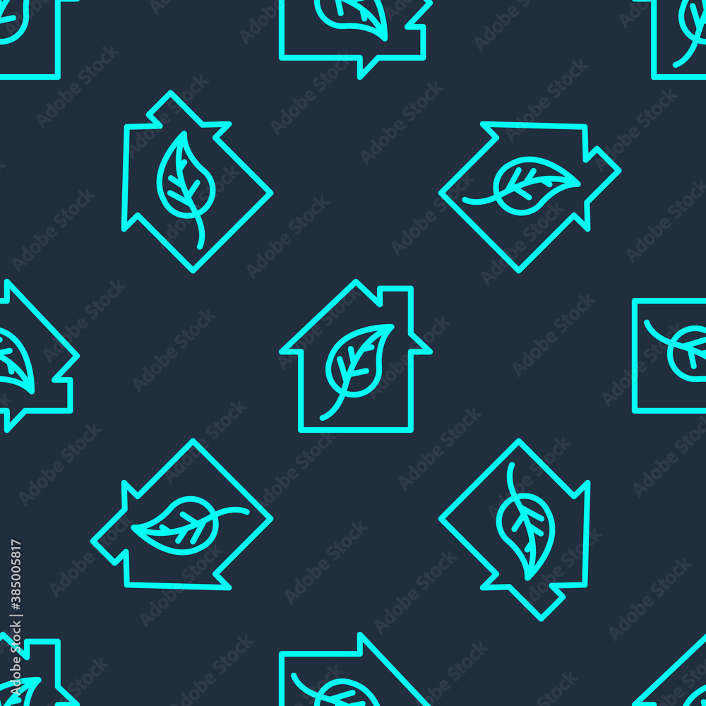 Green line Eco friendly house icon isolated seamless pattern on blue background. Eco house with leaf. Vector. Green line Eco friendly house icon isolated seamless pattern on blue background. Eco house with leaf. Vector.