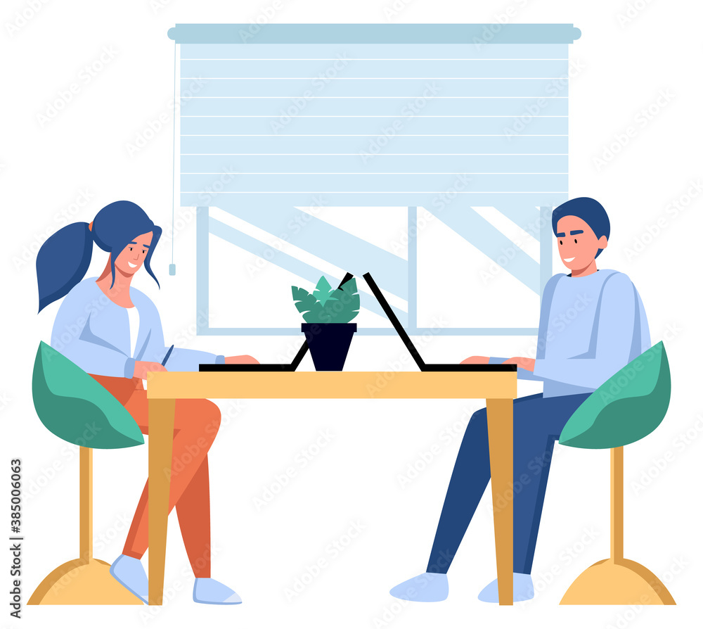 Distant worker using personal computer to complete tasks.Young people, mаn and womаn freelancers working on laptops and computers at home. Vector flat style illustration