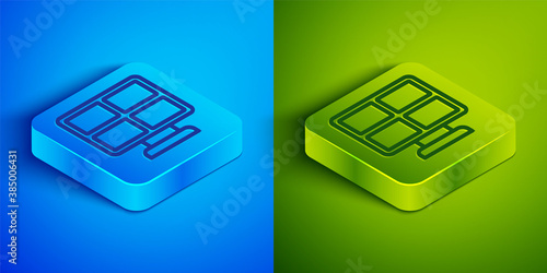 Isometric line Solar energy panel icon isolated on blue and green background. Square button. Vector.