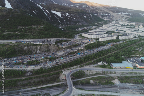 Aerial Townscape of Kirovsk Town located in Northwestern Russia on the Kola Peninsula photo