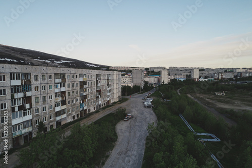Aerial Townscape of Kirovsk Town located in Northwestern Russia on the Kola Peninsula