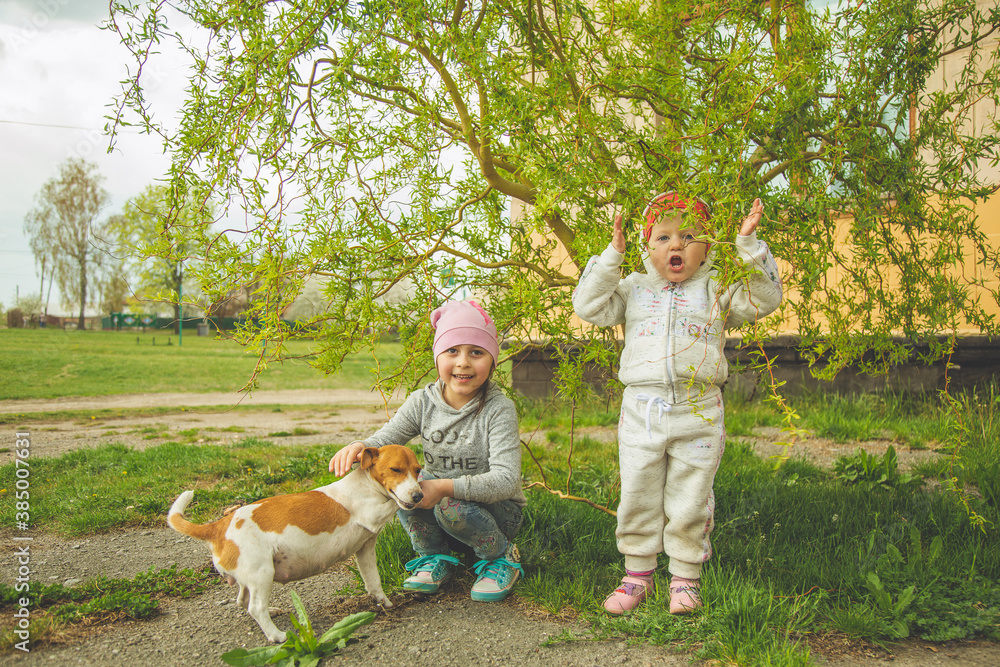 Obraz premium Two young girls playing with dog