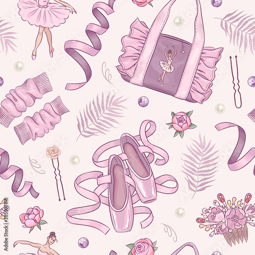 Seamless pattern with hand drawn ballet school elements