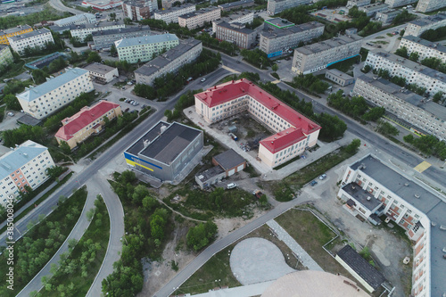 Aerial Townscape of Kirovsk Town located in Northwestern Russia on the Kola Peninsula photo