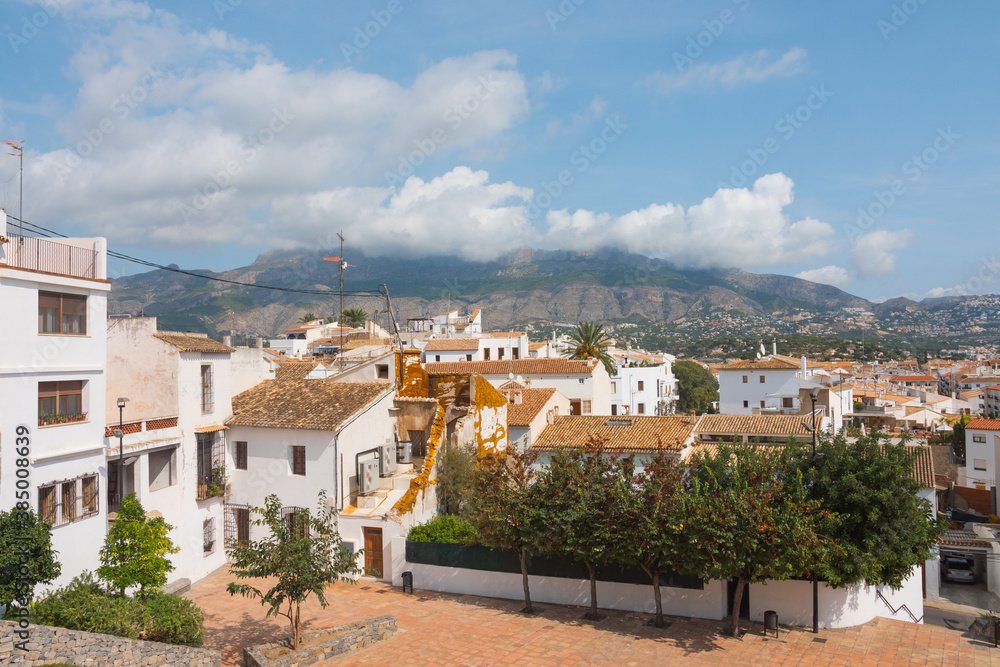 Beautiful panorama of Altea. Historical old town center with mountains in the background. Alicante province, Valencian community, Spain. High view landscape shot.