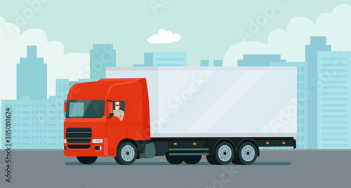 Cargo truck with a face masked driver on the background of an abstract cityscape. Vector flat style illustration.