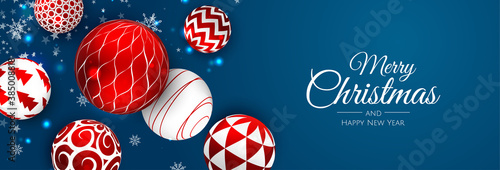 Merry Christmas and Happy New Year Holiday. Xmas design with realistic vector 3d objects, golden christmass ball, snowflake, glitter gold confetti.