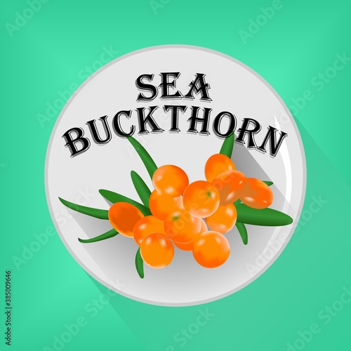 Sticker or button with a sea buckthorn image. Vector illustration
