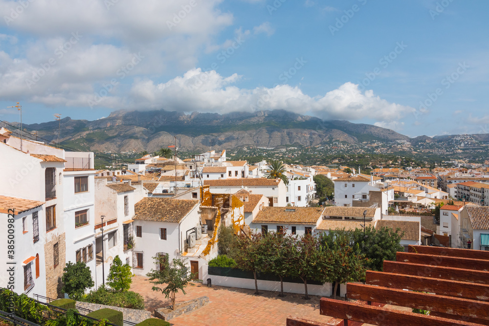 Beautiful panorama of Altea. Historical old town center with mountains in the background. Alicante province, Valencian community, Spain. High view landscape shot.
