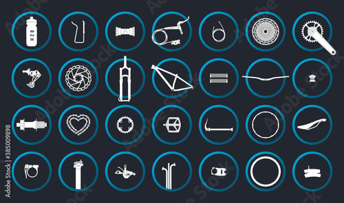 Vector circle icons of all bicycle components. Isolated on gray background.