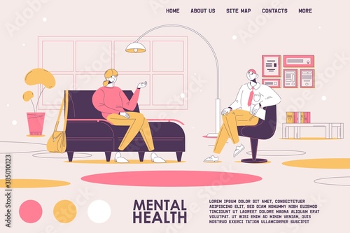 Mental health concept landing page header. Man psychotherapist on therapy session with woman talking about problems. Outline style illustration in pink and yellow