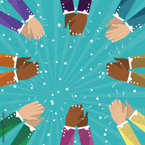 Human hands clapping isolated on blue background. Party celebration concept. Good job and applause vector. Useful for kudos, honor and treat . Hand claps vector
