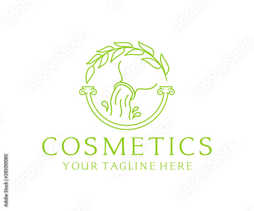 Spa salon, cosmetics and essential oils, logo design. Water is pouring out of the jug, greek columns and leaves, vector design and illustration
