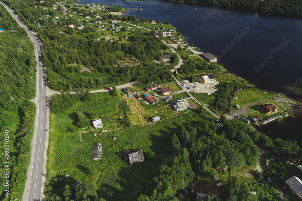Aerial Townscape of Suburban Village Kolvica located in Northwestern Russia on the Kola Peninsula Kandalaksha Area