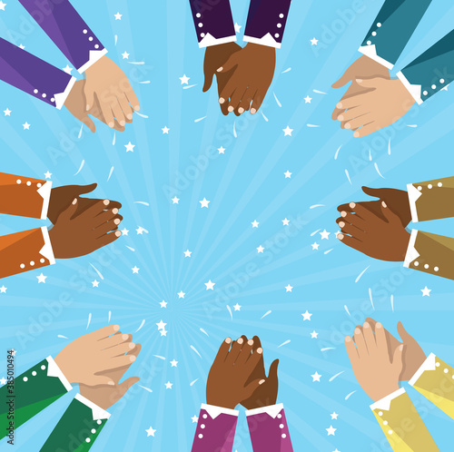 Human hands clapping isolated on blue background. Party celebration concept. Good job and applause vector. Useful for kudos, honor and treat . Hand claps vector