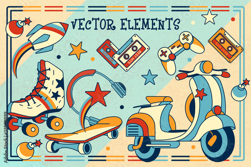 Retro 90s style clipart. Concept of: pop music, sport, games,1990s pop songs.