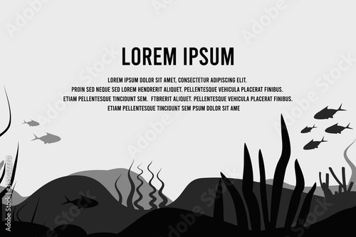 Seabed in abstract style on background. Sea landscape. Flat. Underwater world. Nature landscape template. Beautiful poster for concept design. Silhouette, wallpaper. Minimalism, monochrome.