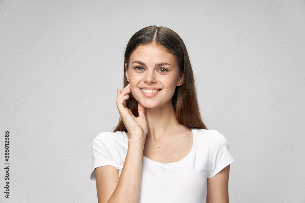 cheerful woman smile look forward white t-shirt cheerful woman smile look forward white t-shirt