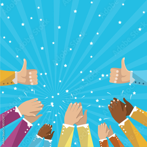 Human hands clapping isolated on blue background. Party celebration concept. Good job and applause vector. Useful for kudos, honor and treat . Hand claps vector