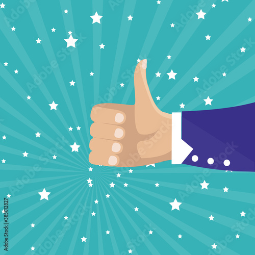 Human hand thumbs up isolated on blue background. Party celebration concept. Thumbs up and hand vector