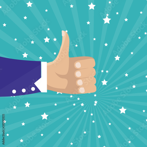 Human hand thumbs up isolated on blue background. Party celebration concept. Thumbs up and hand vector