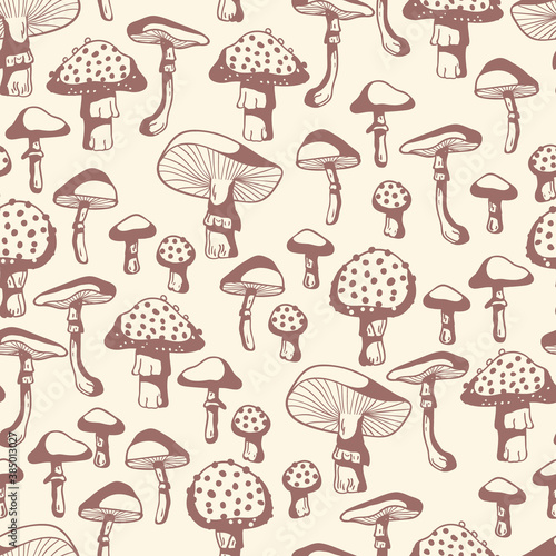 Vintage Drawn Mushrooms Vector Seamless Pattern