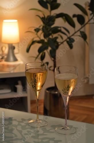 Two glasses of white wine, home decoration