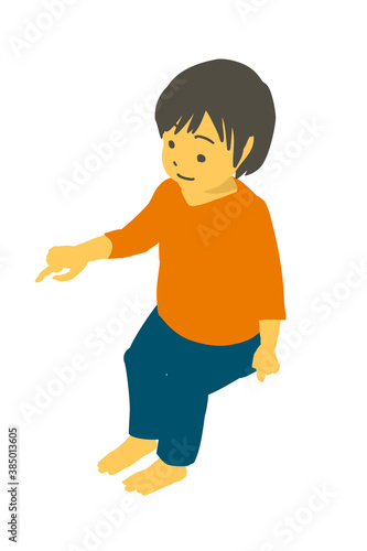 アイソメトリック　座って指差ししているかわいい幼児のベクターイラスト