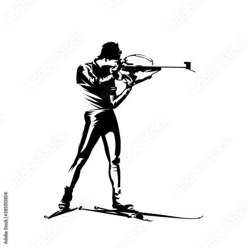 Biathlon standing shooting position, isolated vector silhouette. Biathlon racer logo