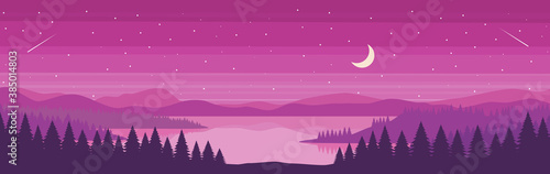 Coniferous forest panoramic view and river on twilight time in flat design - vector and illustration