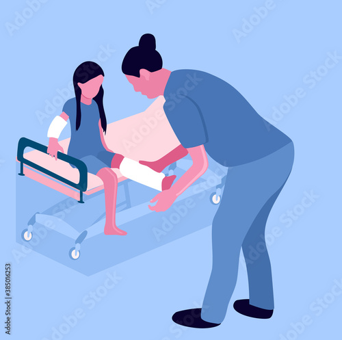 First aid.Arm and leg bone fractures with gypsum or orthopedic cast. Temporarily disabled sad child with broken limbs with bandage. Nurse is working.Unhappy injured girl is sitting on medical couch.