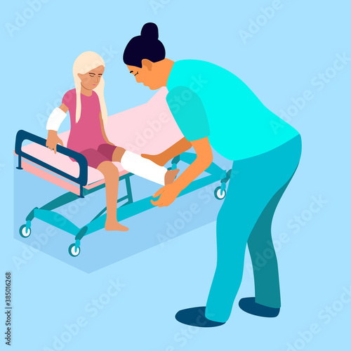First aid.Arm and leg bone fractures with gypsum or orthopedic cast. Temporarily disabled sad child with broken limbs with bandage. Nurse is working.Unhappy injured girl is sitting on medical couch.