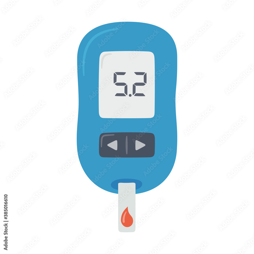Portable glucometer with normal values. Blood glucose test. Blood sugar readings. Diabetes control and diagnostics. Medical measurement apparatus. Vector illustration Portable glucometer with normal values. Blood glucose test. Blood sugar readings. Diabetes control and diagnostics. Medical measurement apparatus. Vector illustration