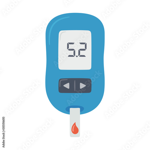 Portable glucometer with normal values. Blood glucose test. Blood sugar readings. Diabetes control and diagnostics. Medical measurement apparatus. Vector illustration