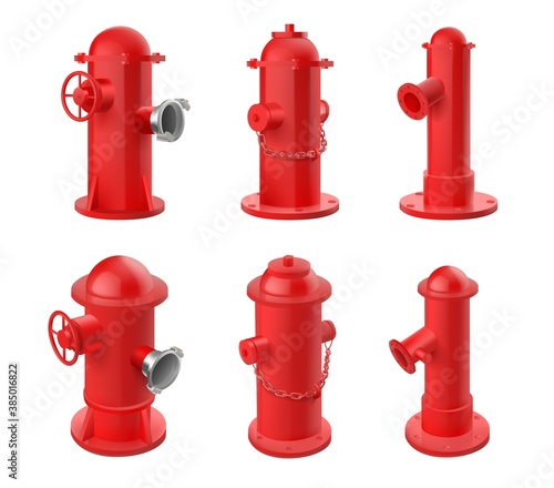 Vector set of red fire hydrants isolated on white background. Realistic 3d objects for city fire fighting department