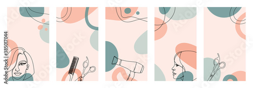 Set of vertical backgrounds of an abstract image with continuous black lines with colorful abstract stains. 