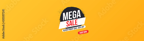 Horizontal concise banner for Black Friday and Mega sales and discounts. MEGA SALE inscription on ink stain for mega sale. Bright  easily editable vector concept.