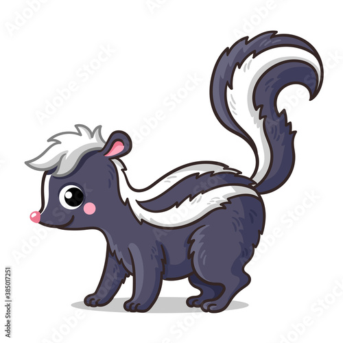 Cute little skunk on a white background in cartoon style. Vector illustration.