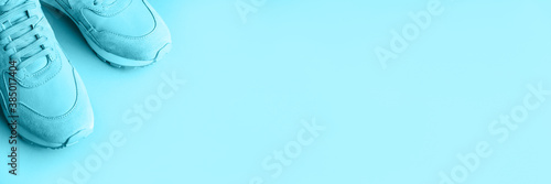 Sneakers on a blue background. A trending monochrome image for your design. Copy space for text. Toned image.