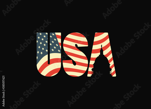 USA letters in the colors of the American flag with the silhouette of the Capitol building on a black background. Vector banner, poster, flyer, t-shirt design, greeting card or design element