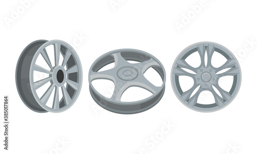 Chromed Wheel Rim as Ring-shaped Component Holding the Tire of Car Vector Set