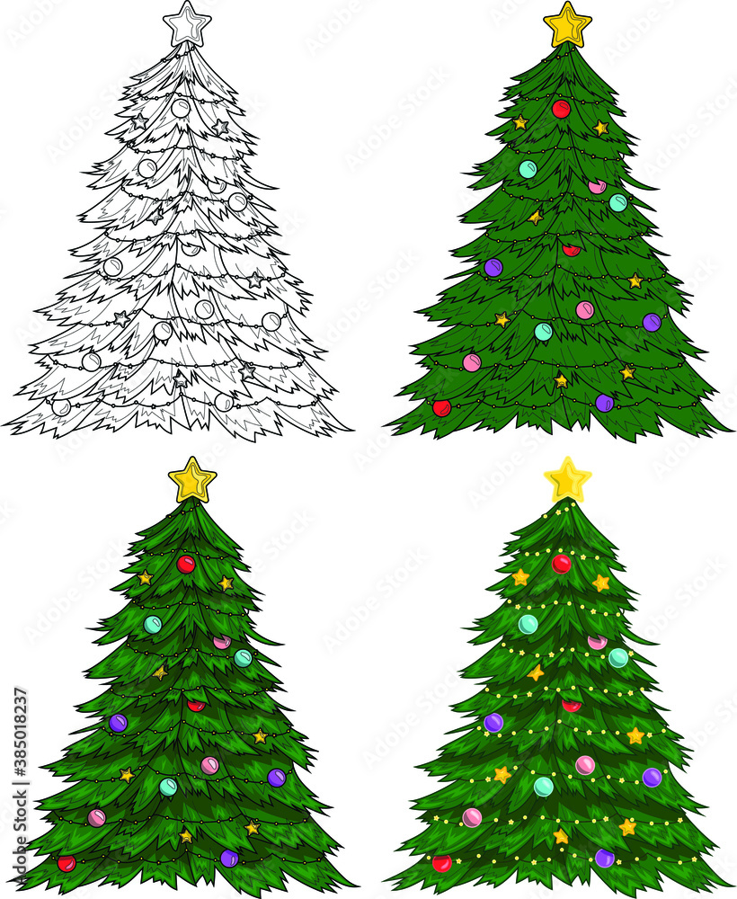 Realistic colorful Christmas New Year winter tree with decorations template set. Bright holiday cartoon vector illustration in color and black and white for games, pattern, decor. Coloring paper, page